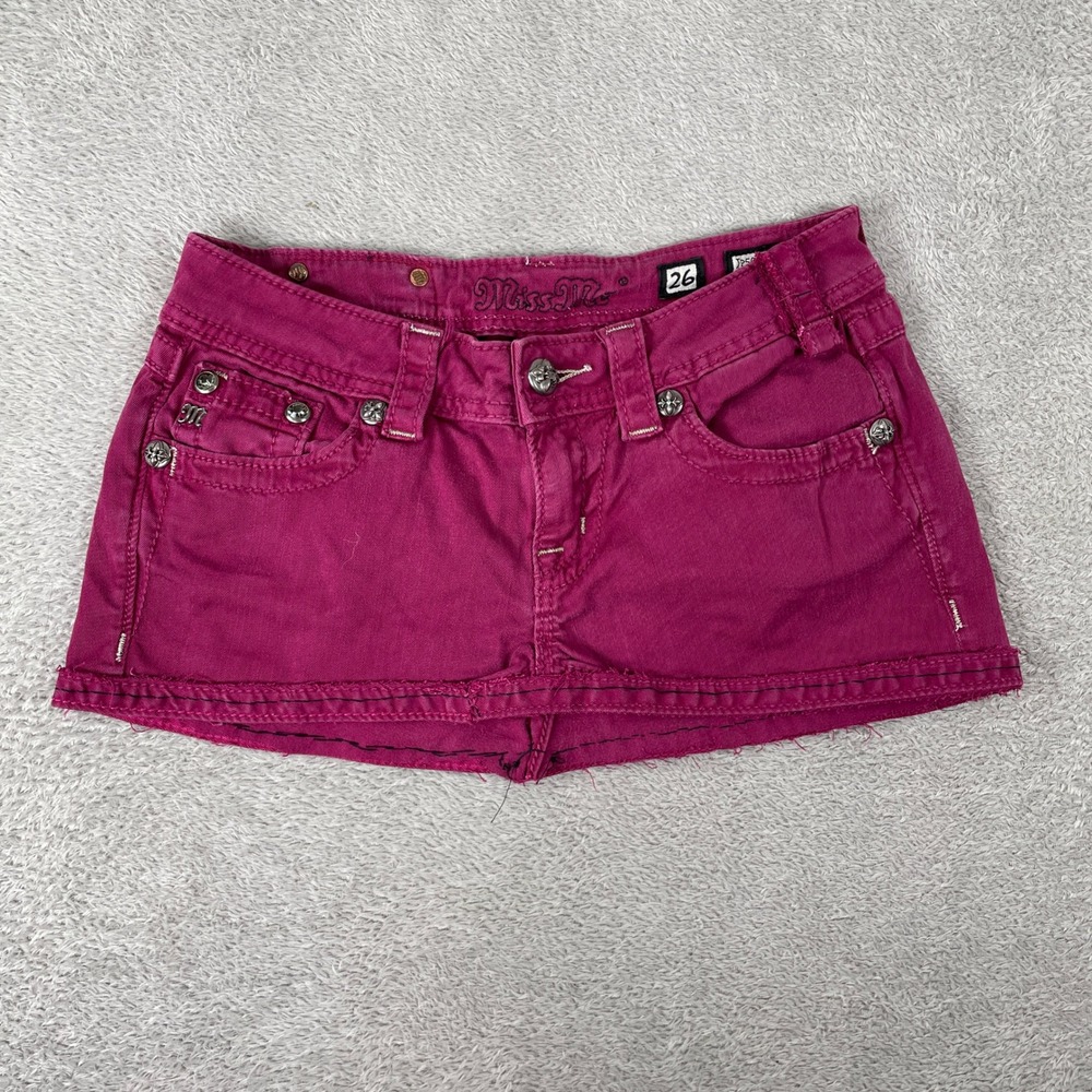 Miss Me Mini Skirt Womens 26 Raspberry Pink Y2K Rhinestone Angel Wing Low Rise